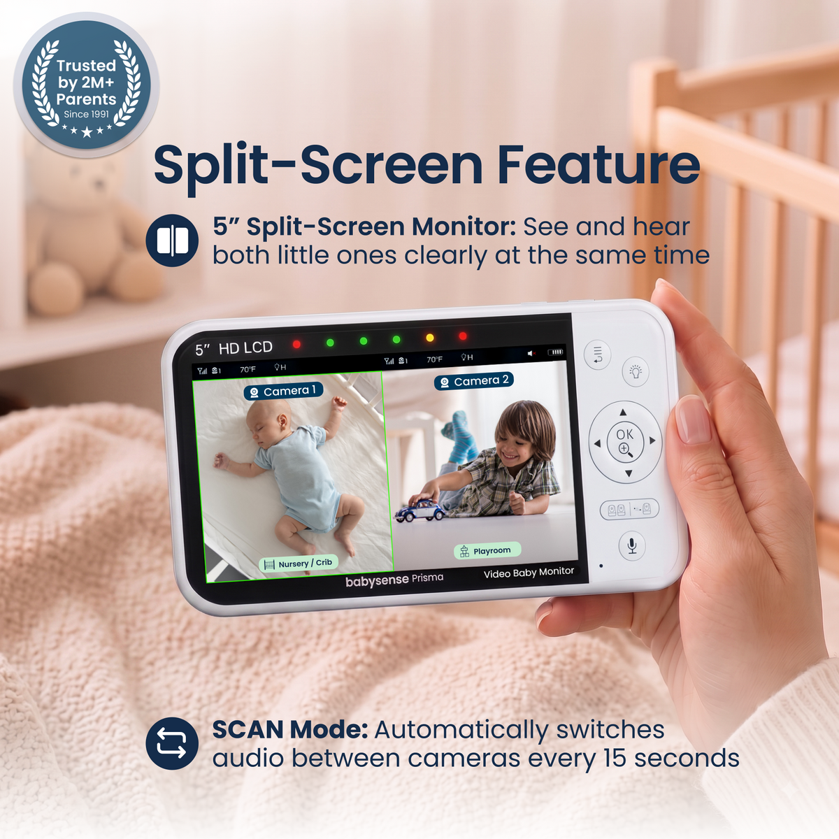 Babysense Prisma: Video Baby Monitor with 2 Cameras, Non Wifi, Split Screen, Night Light & Sound Machine