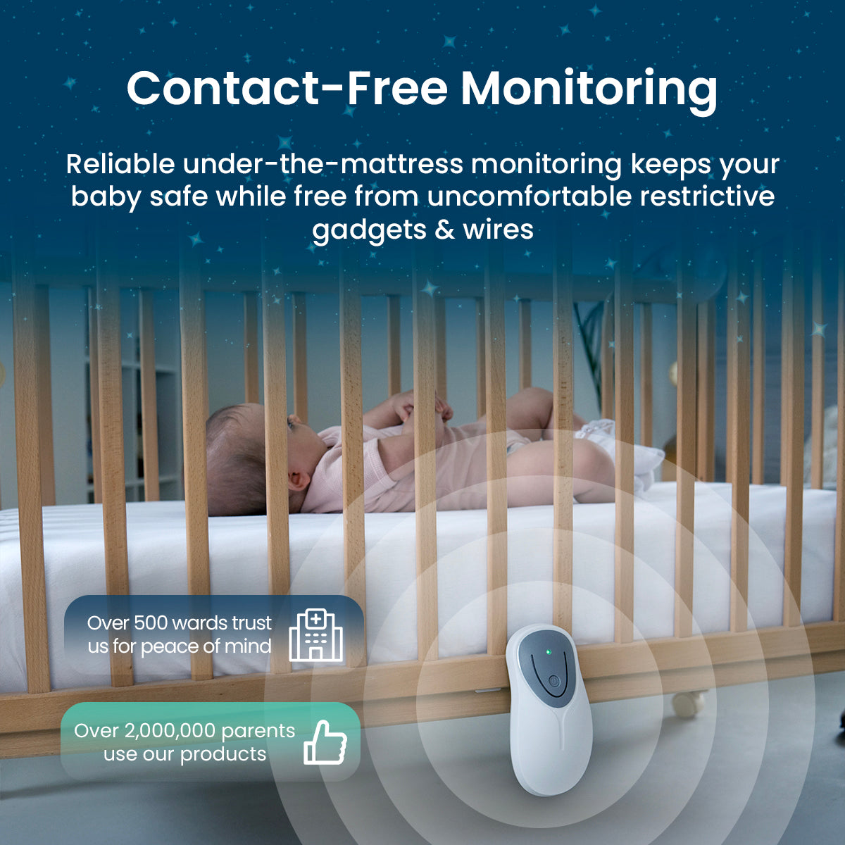 A sleeping baby lies in a wooden crib, while a white Babysense 8 monitor unit, a wireless baby monitor, is placed discreetly underneath the mattress, providing contact-free monitoring