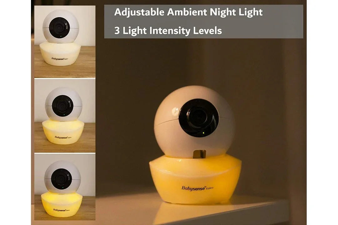 This Babysense video baby monitor V43 features a white spherical camera rotating on a base that illuminates with an adjustable ambient night light, shown here at three different intensity levels