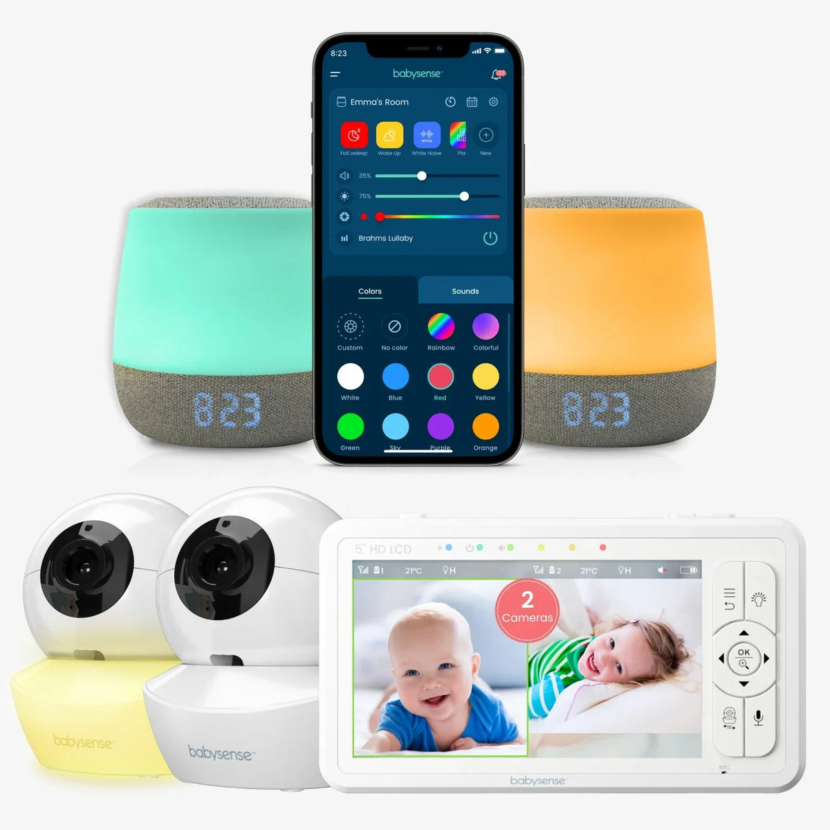 The Babysense 3-in-1 system includes two smart light and sound machines, two white HD cameras, and a remote with a 5" HD LCD screen, making it a comprehensive dual baby monitor with split screen