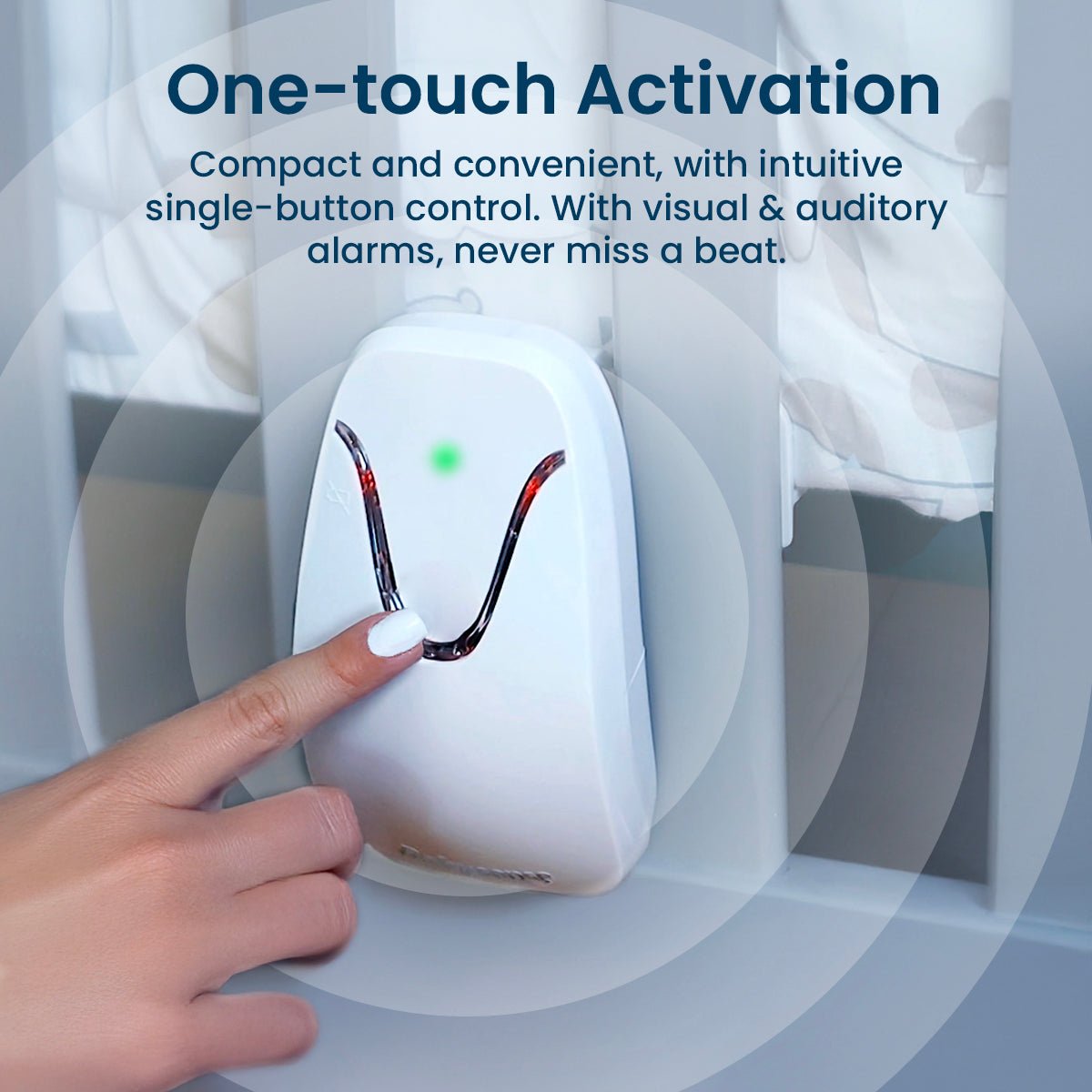 A hand with white nail polish pushes the single-button control of the white Babysense 7 baby monitor with breathing motion detection & safety alerts, showing a green indicator light and red activation highlights