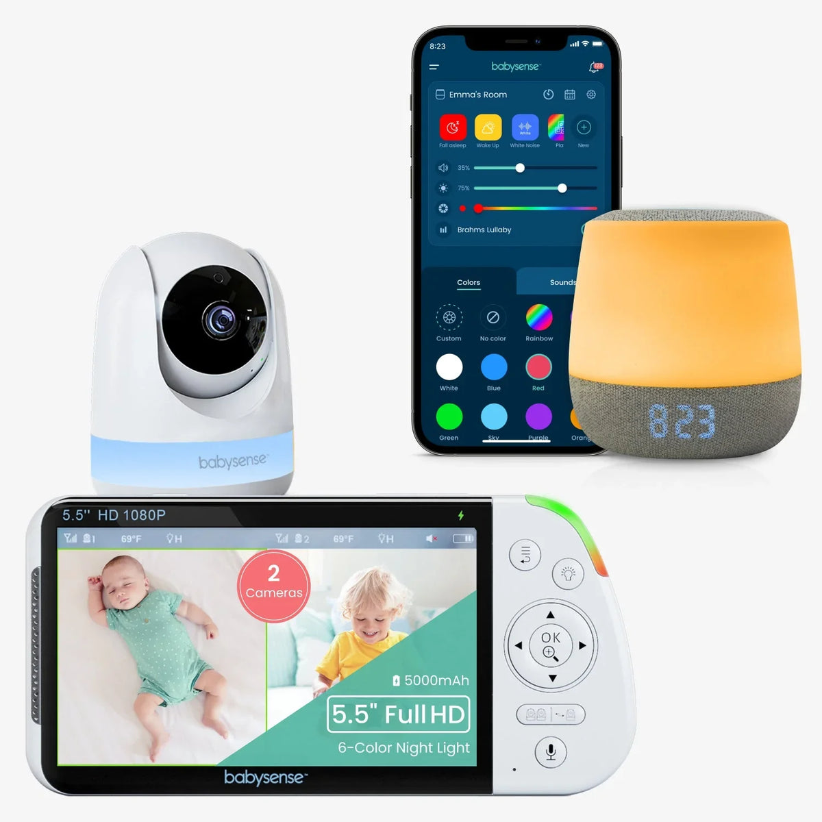 A white Babysense baby sleep monitor camera and handheld display with two camera views are beside a smartphone app and light-up sound machine