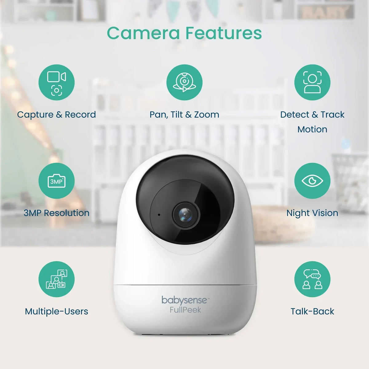 The Babysense FullPeek Smart WiFi Baby Monitor, a white and black baby wireless hd camera, is centrally displayed with icons highlighting features such as 3MP resolution, night vision, and talk-back functions