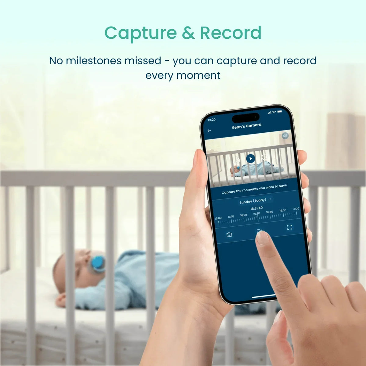 A hand holds a smartphone displaying the Babysense FullPeek Smart WiFi Baby Monitor app, showing a sleeping baby in a crib with a timeline of recorded moments and a finger tapping the record button, featuring a baby wireless hd camera view
