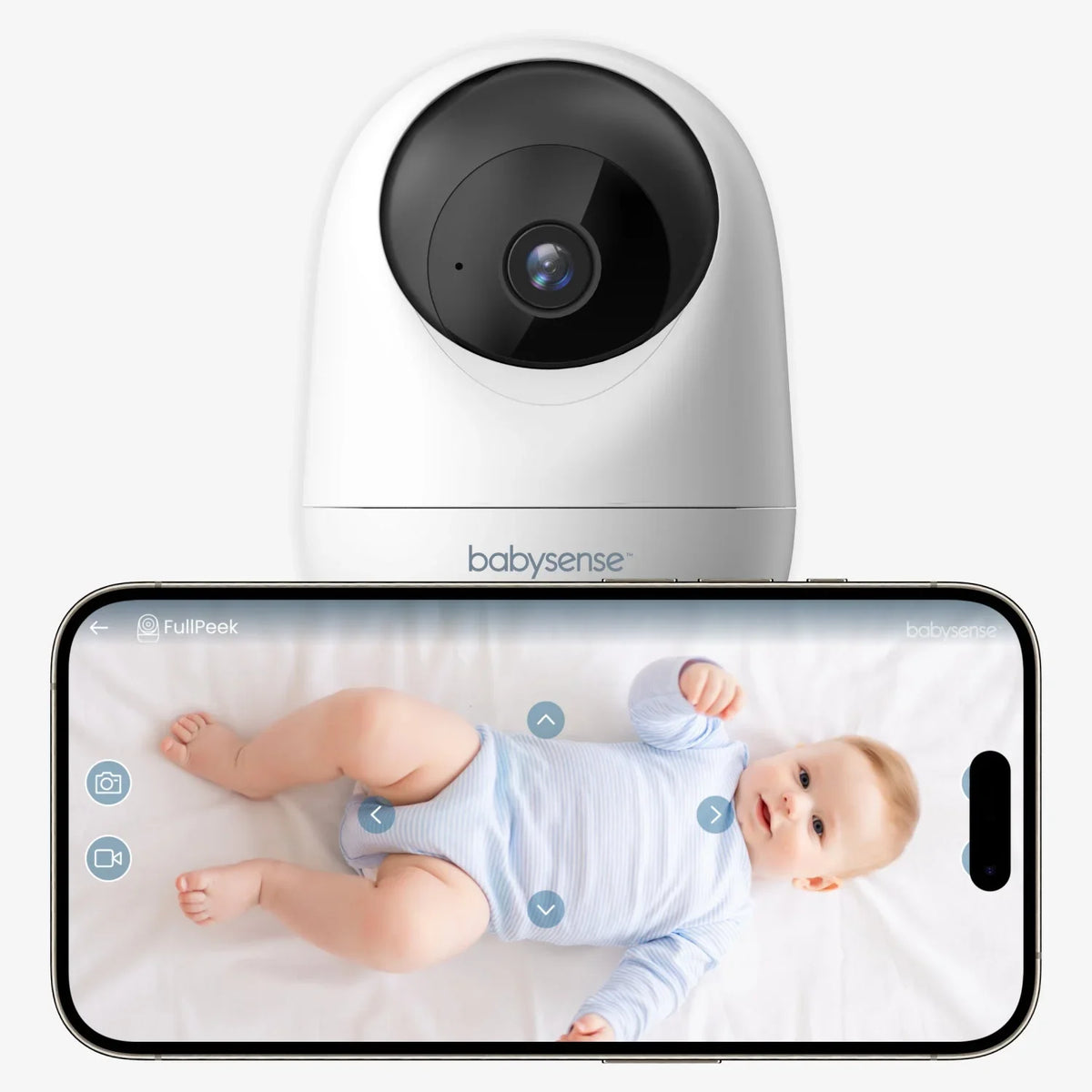 The Babysense FullPeek Smart WiFi Baby Monitor features a white high-definition camera above a smartphone displaying a sleeping baby, showcasing a crystal-clear baby wireless hd camera feed
