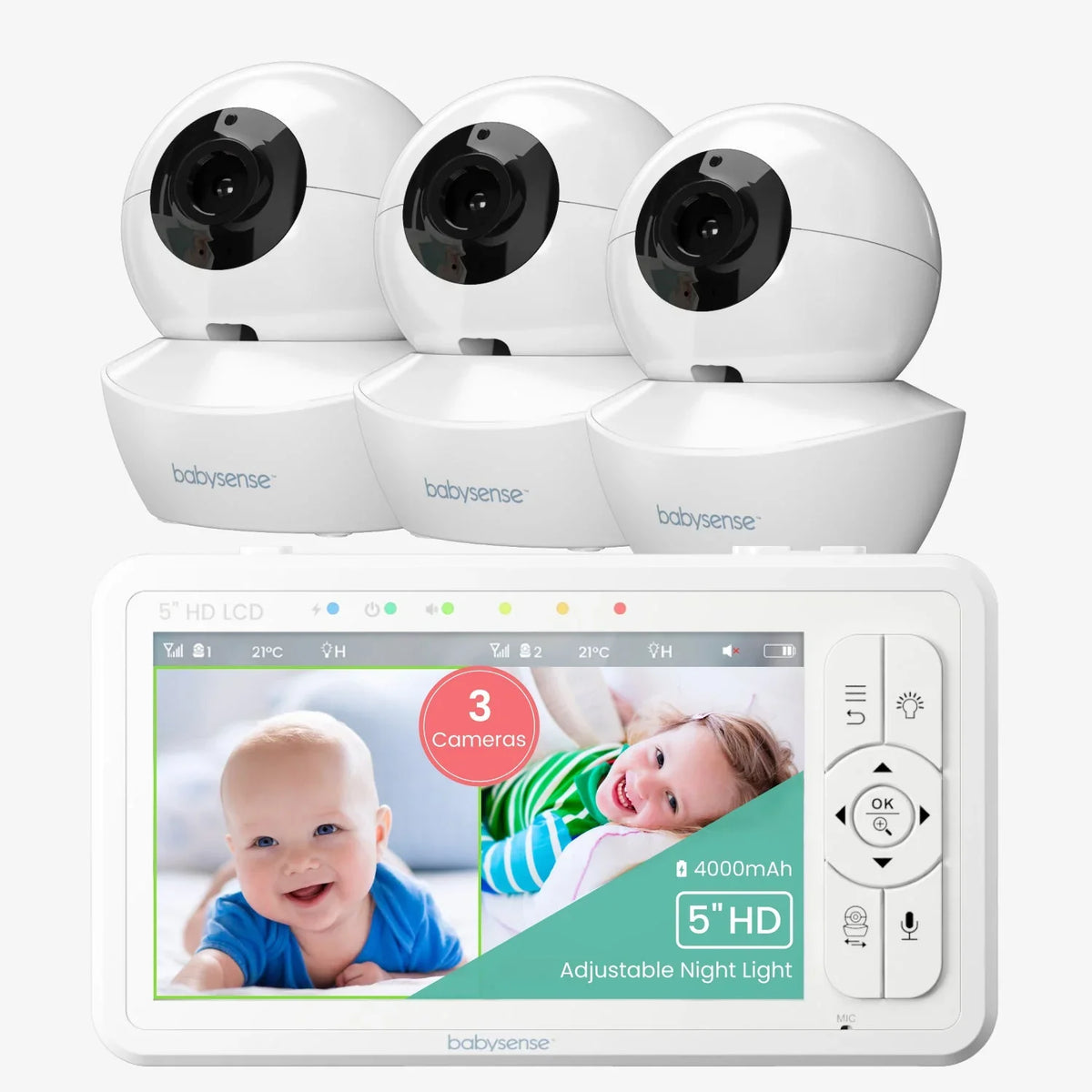 Babysense HD S2 video baby monitor with three white cameras, displaying a split screen baby monitor no wifi view of two happy babies on its 5-inch HD LCD screen