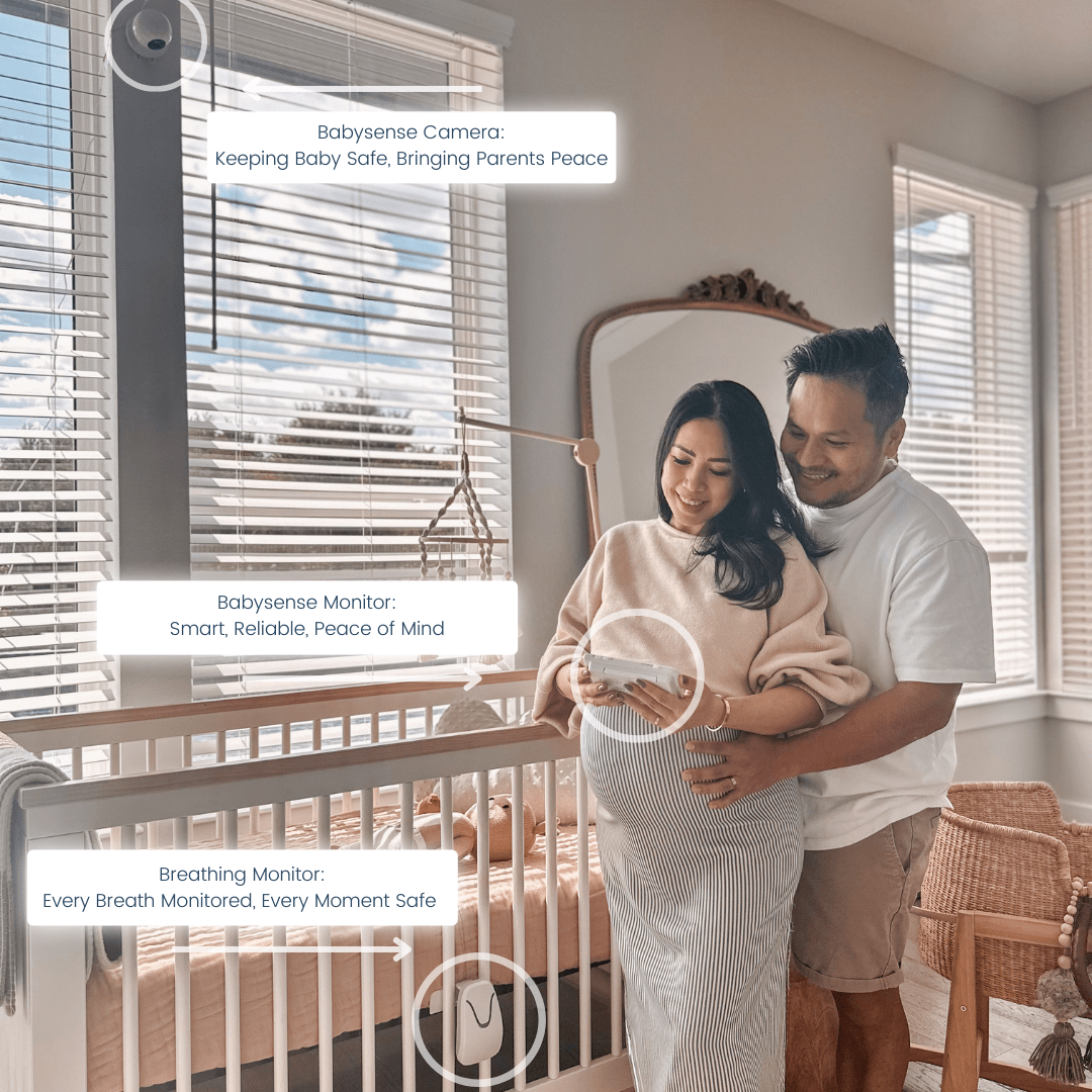 A smiling pregnant woman and man stand in a baby nursery, demonstrating the Babysense HOME 2-in-1 Monitoring Set, which offers best baby monitor for real-time vitals tracking with a camera, monitor, and breathing sensor