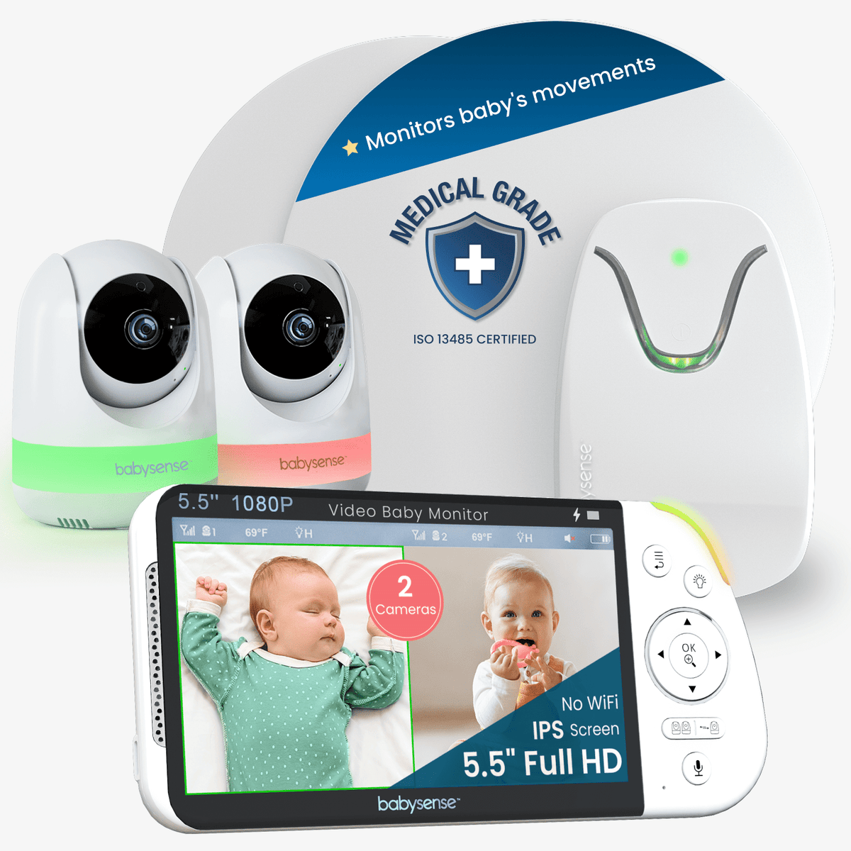Babysense HOME 2-in-1 baby monitor set with 2 cameras, 5.5-inch 1080p parent monitor, and breathing movement sensor for non-contact newborn monitoring