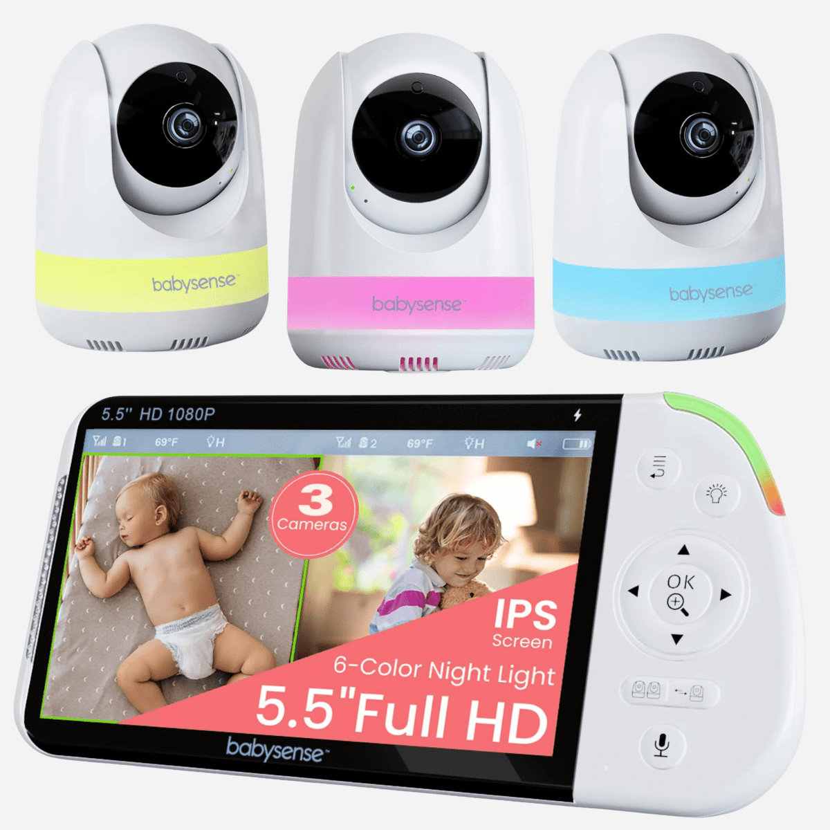 The Babysense Pro video baby monitor includes three white cameras with colored bases (yellow, pink, blue) and a handheld display showing two babies with "3 Cameras" and "5.5" Full HD IPS Screen" text, offering a dual camera baby monitor no wifi solution