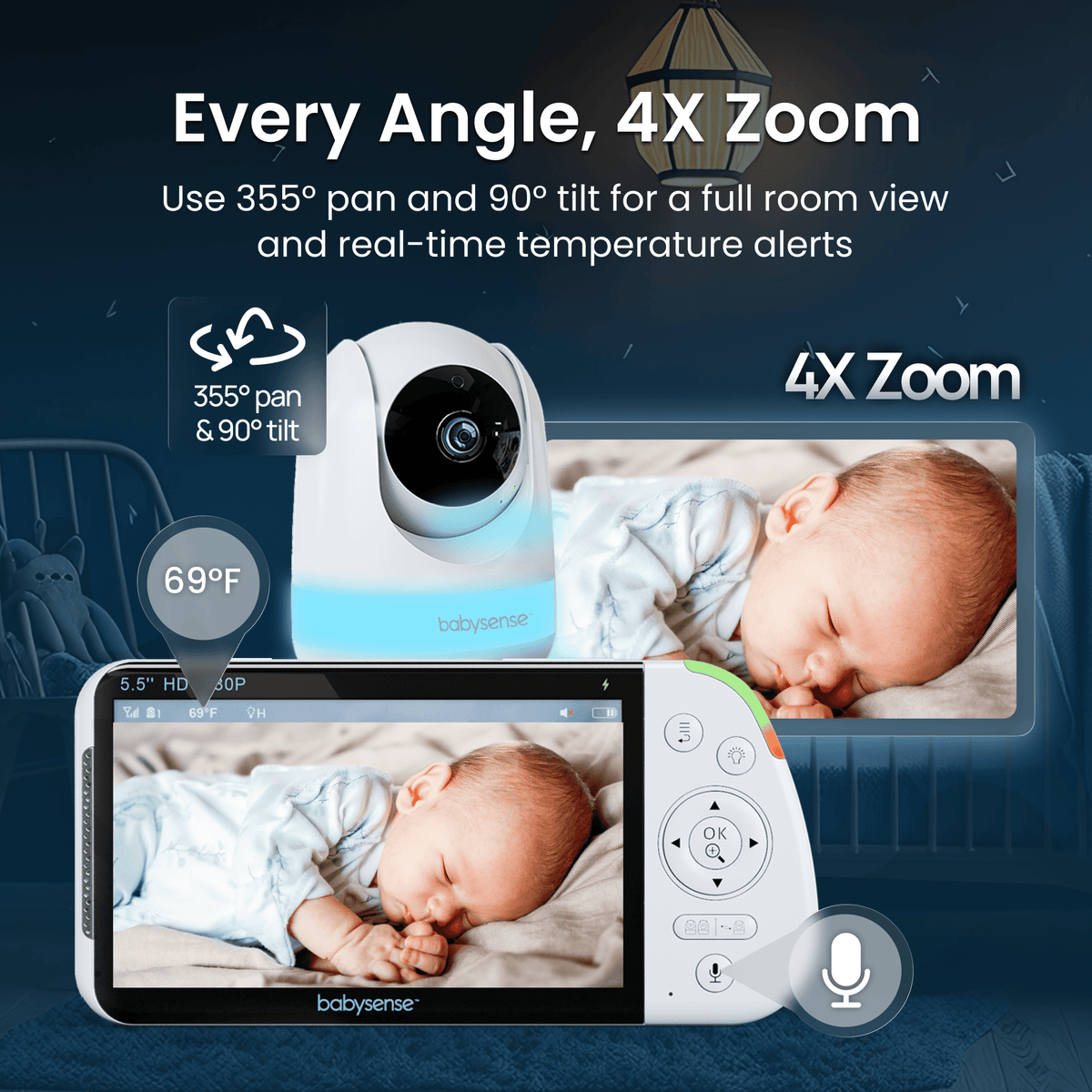 The Babysense PRO video baby monitor with 2 cameras displays a sleeping baby on its white handheld screen, showing 69°F room temperature and 355° pan & 90° tilt functionality