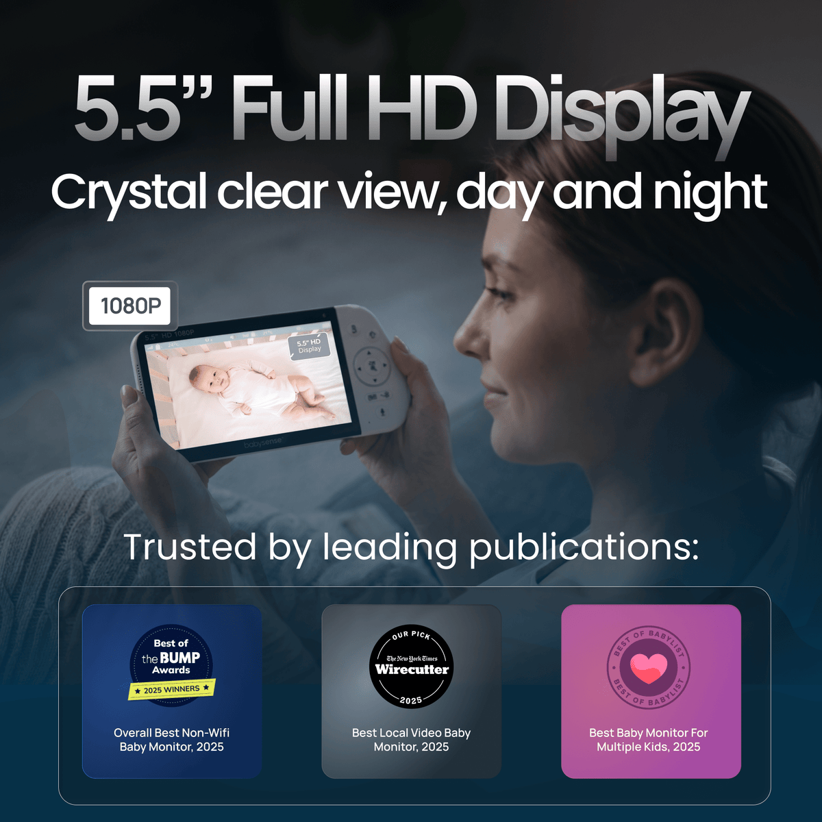 A woman in the foreground watches a baby on the large 5.5" Full HD Display of the Babysense PRO video baby monitor with 2 cameras, which a baby sense Pro can be used as a split screen baby monitor, with a 1080p display for a crystal clear view day and night