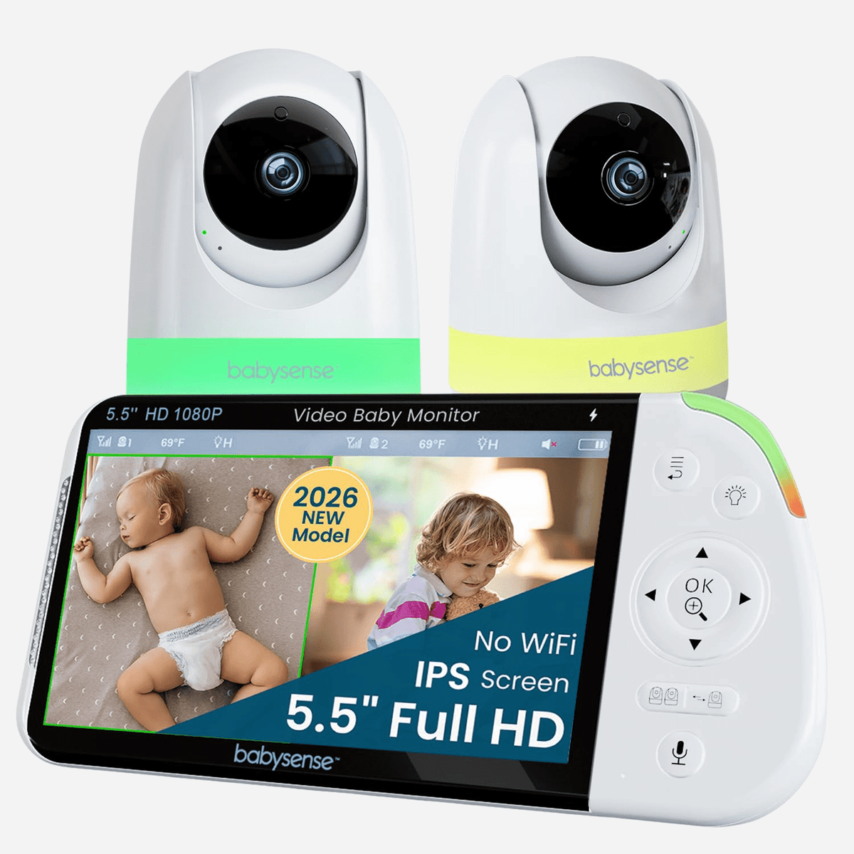 A Babysense PRO video baby monitor with two white cameras with green and yellow bases, and the monitor displaying two separate views including a sleeping baby, demonstrating split screen functionality