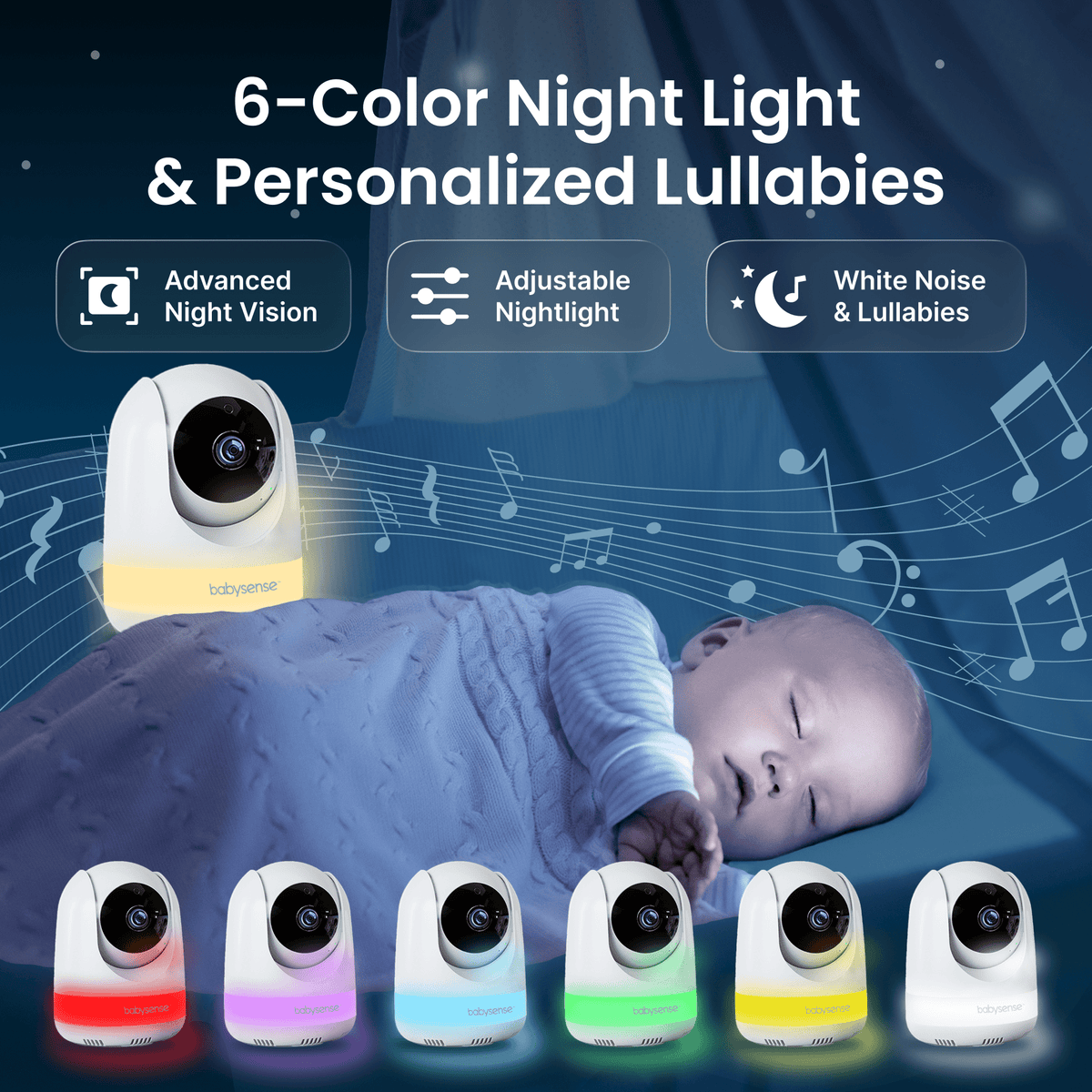 A sleeping baby rests beside a Babysense Pro video baby monitor showcasing its 6-color night light and white noise & lullabies features