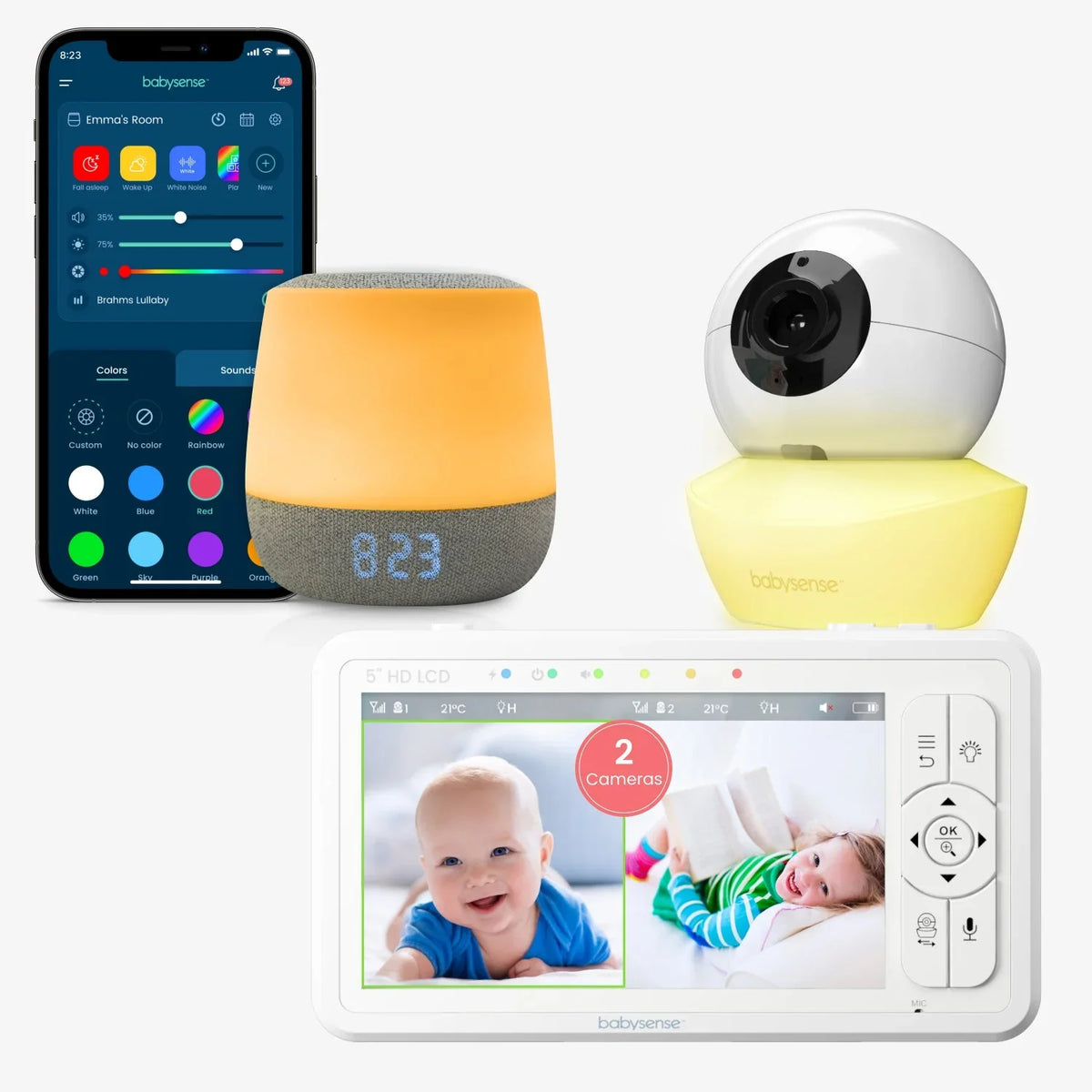 The Babysense Sleep & Monitor Pack displays a white baby wireless hd camera with a yellow base, a beige smart sound machine, and a video monitor showing two babies on screen