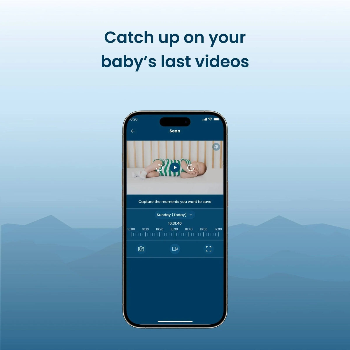 A smartphone displays the Babysense Safe Sleep Smart Nursery app showing a sleeping baby in a crib, featuring video recording and timeline functions for monitoring via the video baby monitor