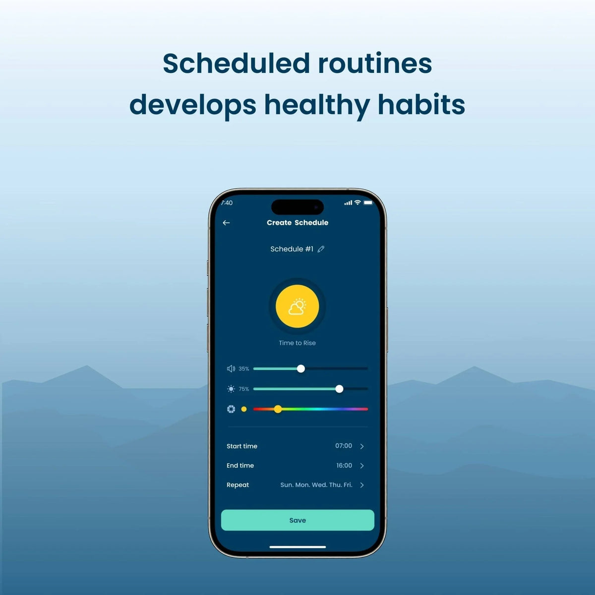 A dark mode app on a smartphone shows settings for a Babysense smart nursery device, including sound, light color, and a schedule for "Time to Rise"