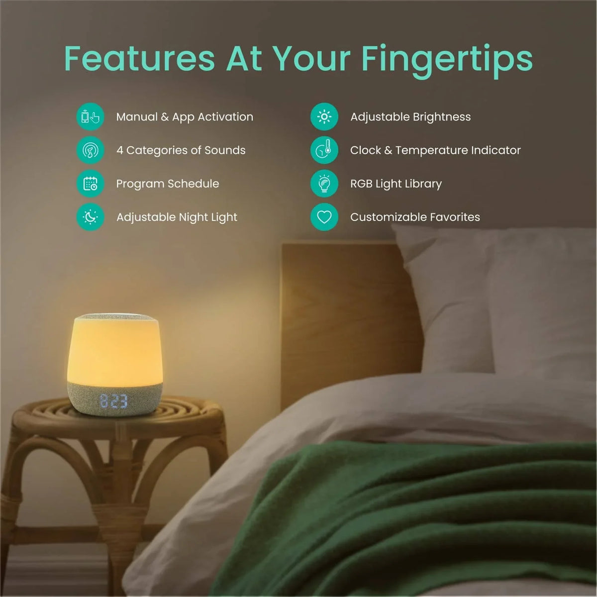 A glowing Babysense smart nursery device, acting as a night light and sound machine, showing the time 8:23 on a wicker bedside table next to a bed with a white pillow and green blanket