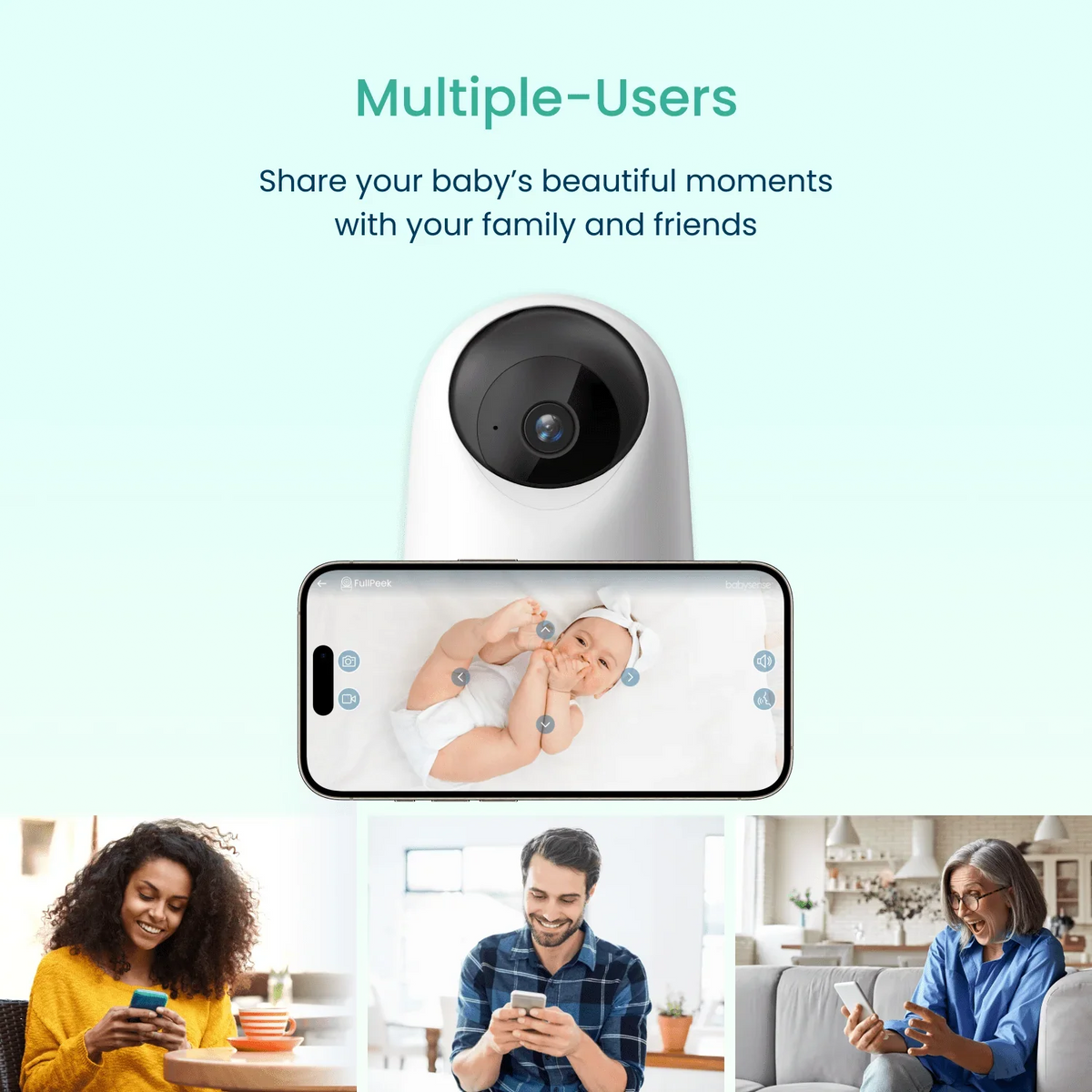 A Babysense FullPeek 3MP HD wifi baby monitor displays a baby sleeping, while three smiling adults on their phones share the beautiful moment