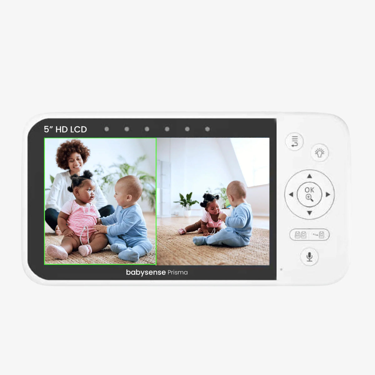 The Babysense Prisma Parent Unit features a 5" HD LCD screen displaying a split view of two babies playing, offering a clear video baby monitor experience