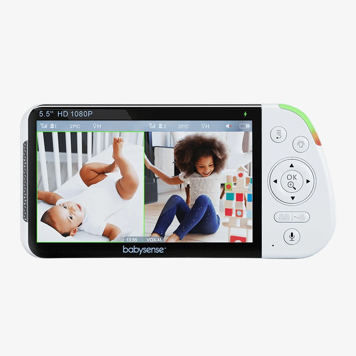 This Babysense Pro 5.5" HD 1080P parent unit displays a split screen view of a baby in a crib and a child playing with blocks, showcasing its dual baby monitor functionality