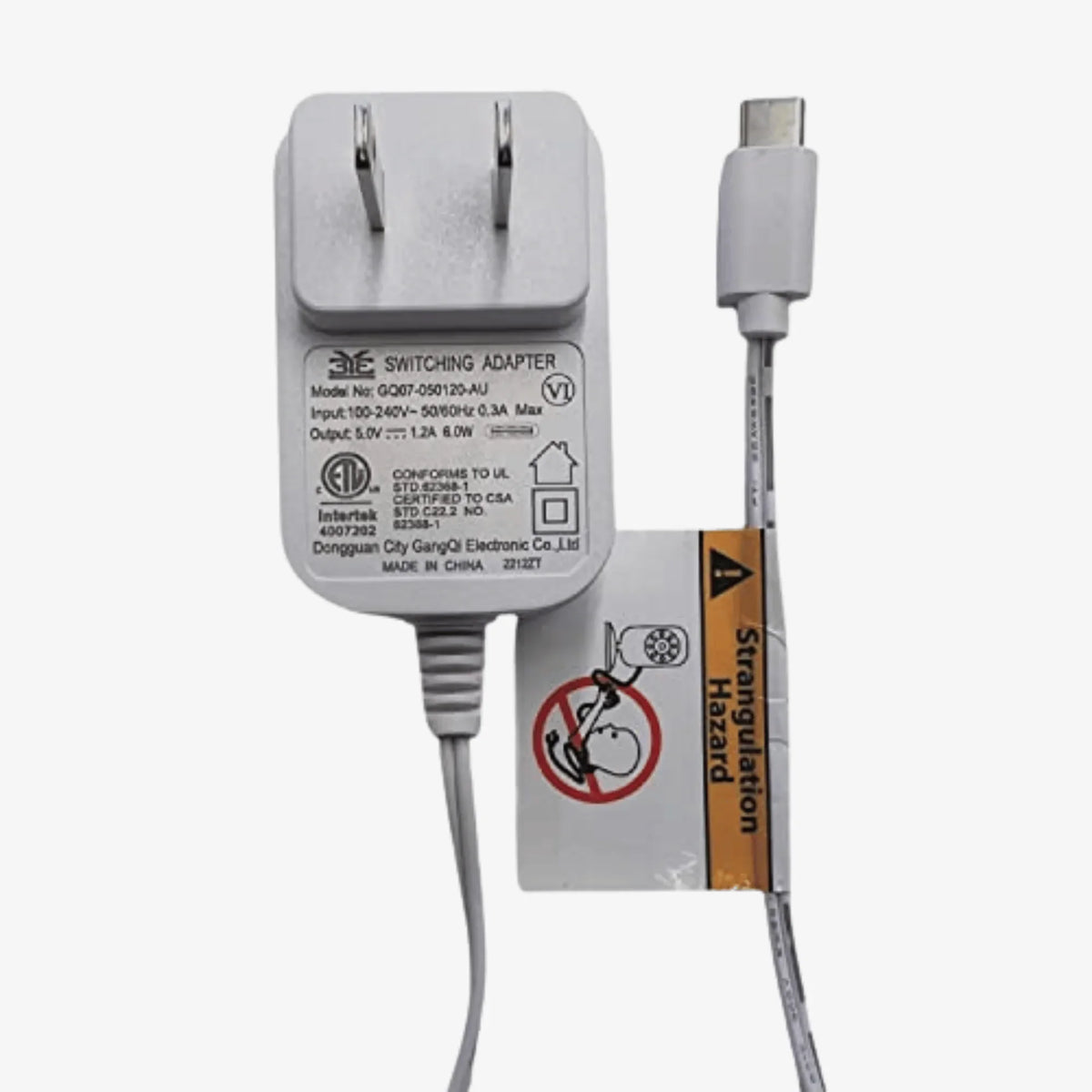 A white Babysense Power Adapter for the video baby monitor BabySense Pro PRO /Prisma is shown with a "Strangulation Hazard" warning label on the attached USB-C cable