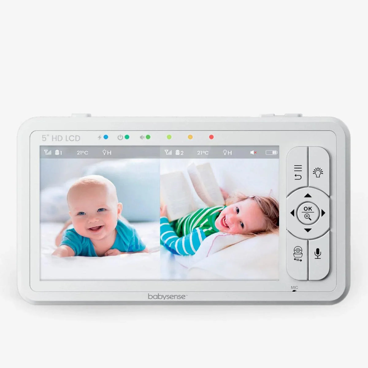 A Babysense Parent Unit for HD S2 video baby monitor is shown angled on white, displaying a split screen with a laughing baby and a child reading