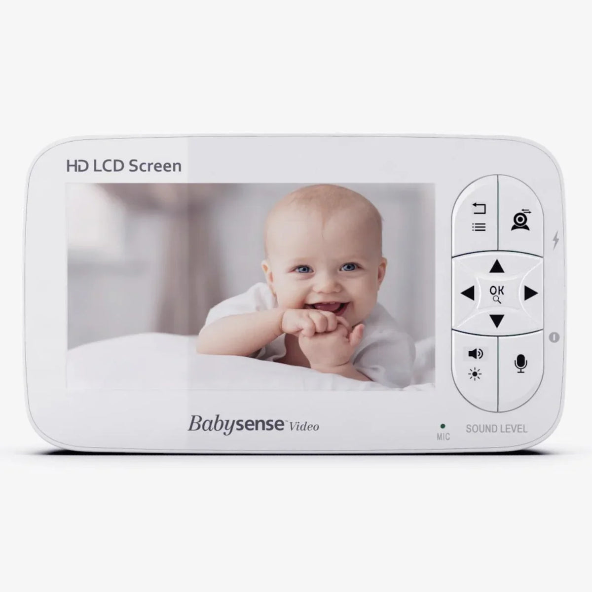 A white Babysense Video V65 parent unit for the Babysense camera displays a smiling baby on its HD LCD screen, with control buttons on the right, perfect as a video baby monitor
