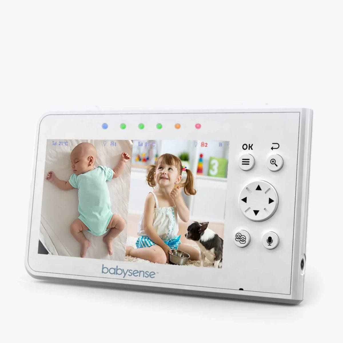A white Babysense Parent Unit for Split-Screen Video Baby Monitor V43 displays a sleeping baby on the left and a toddler with a dog on the right, providing a clear safety baby video monitor view