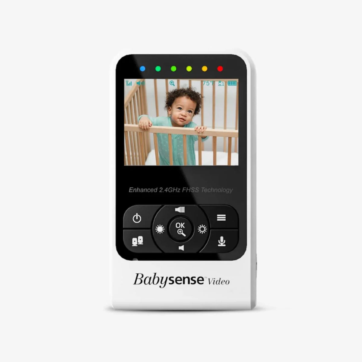 A white Babysense Parent Unit for Video Baby Monitor V24R is shown vertically, displaying a baby in a crib on its screen, featuring buttons and indicators