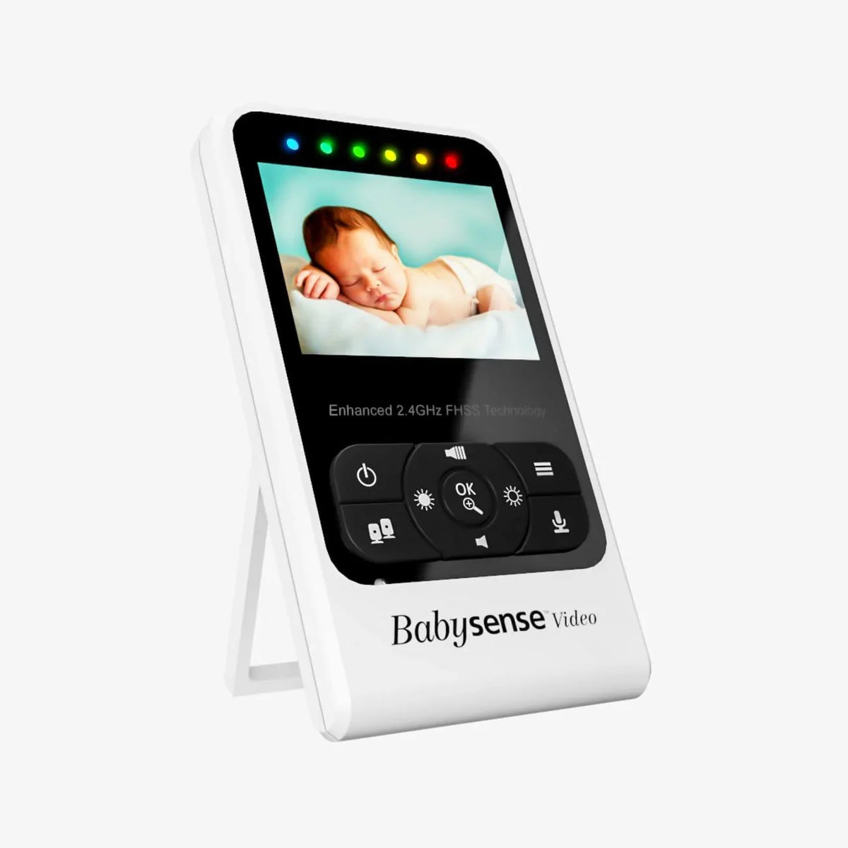 A white Babysense Parent Unit for Video Baby Monitor V24R is angled to the left, standing on a kickstand, displaying a sleeping baby on its screen, with colorful indicator lights above the video, and "video baby monitor" printed below the controls
