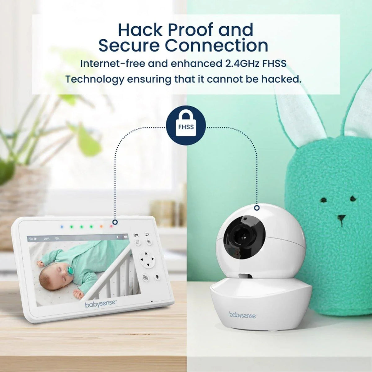 A Babysense V43 video baby monitor with 2 cameras shown ensuring a hack-proof and secure connection with internet-free 2.4GHz FHSS technology, with one screen displaying a sleeping baby and a camera beside a soft toy