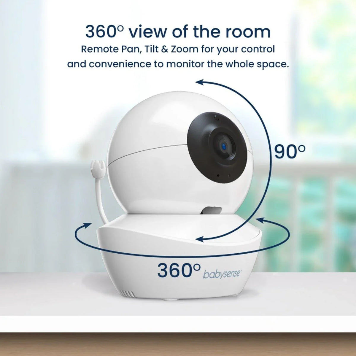 A white Babysense V43 video baby monitor with 2 cameras on a white table, showing 360-degree pan and 90-degree tilt arrows