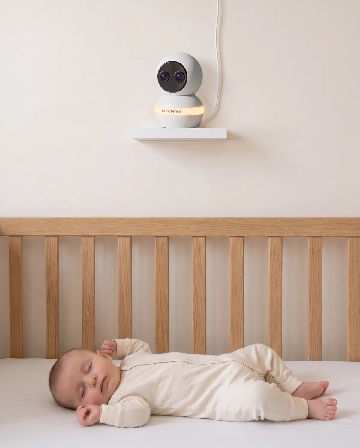 Baby asleep in an oak crib, with the Babysense camera on a shelf above, its night light glowing