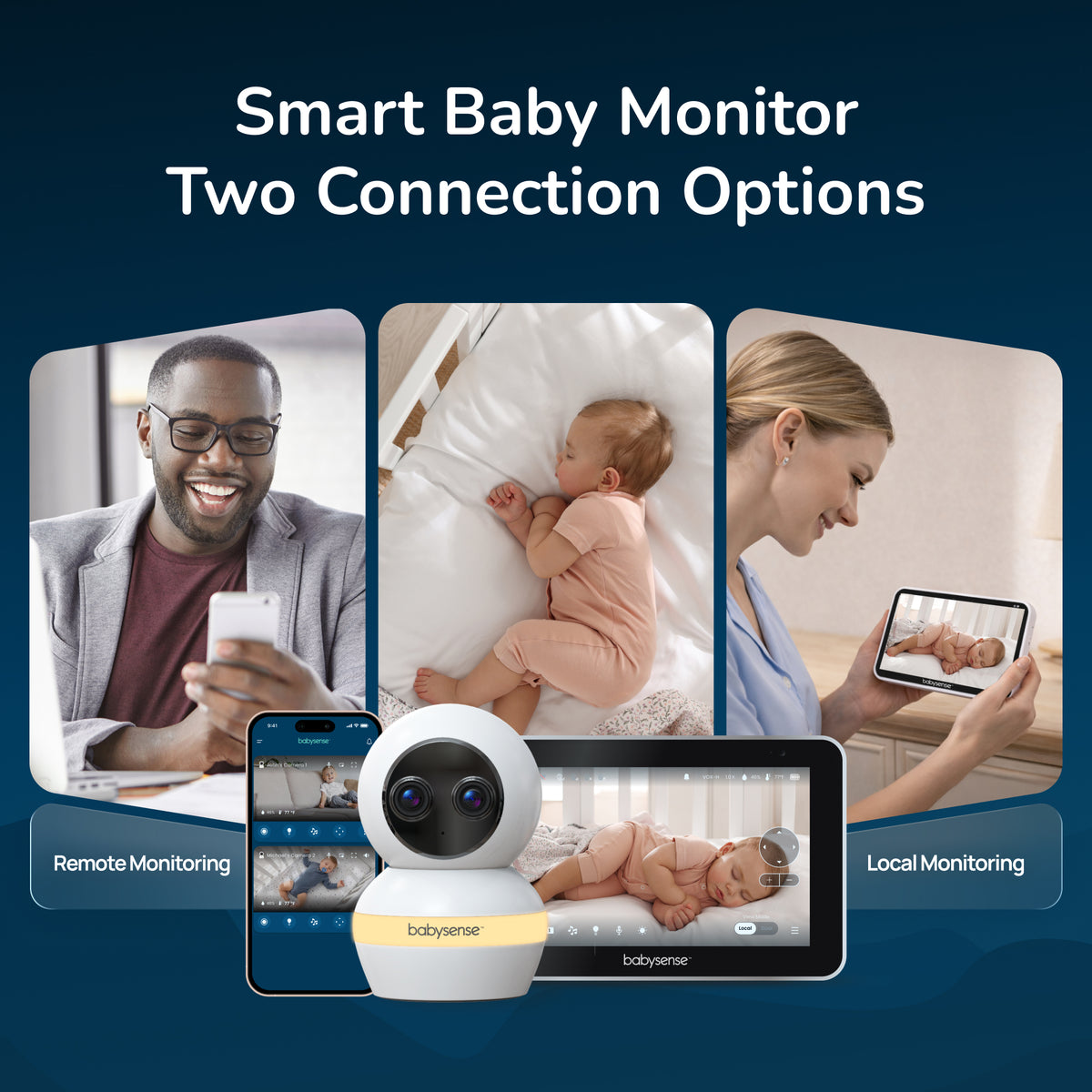 Smart baby monitor with two connection options on a blue background