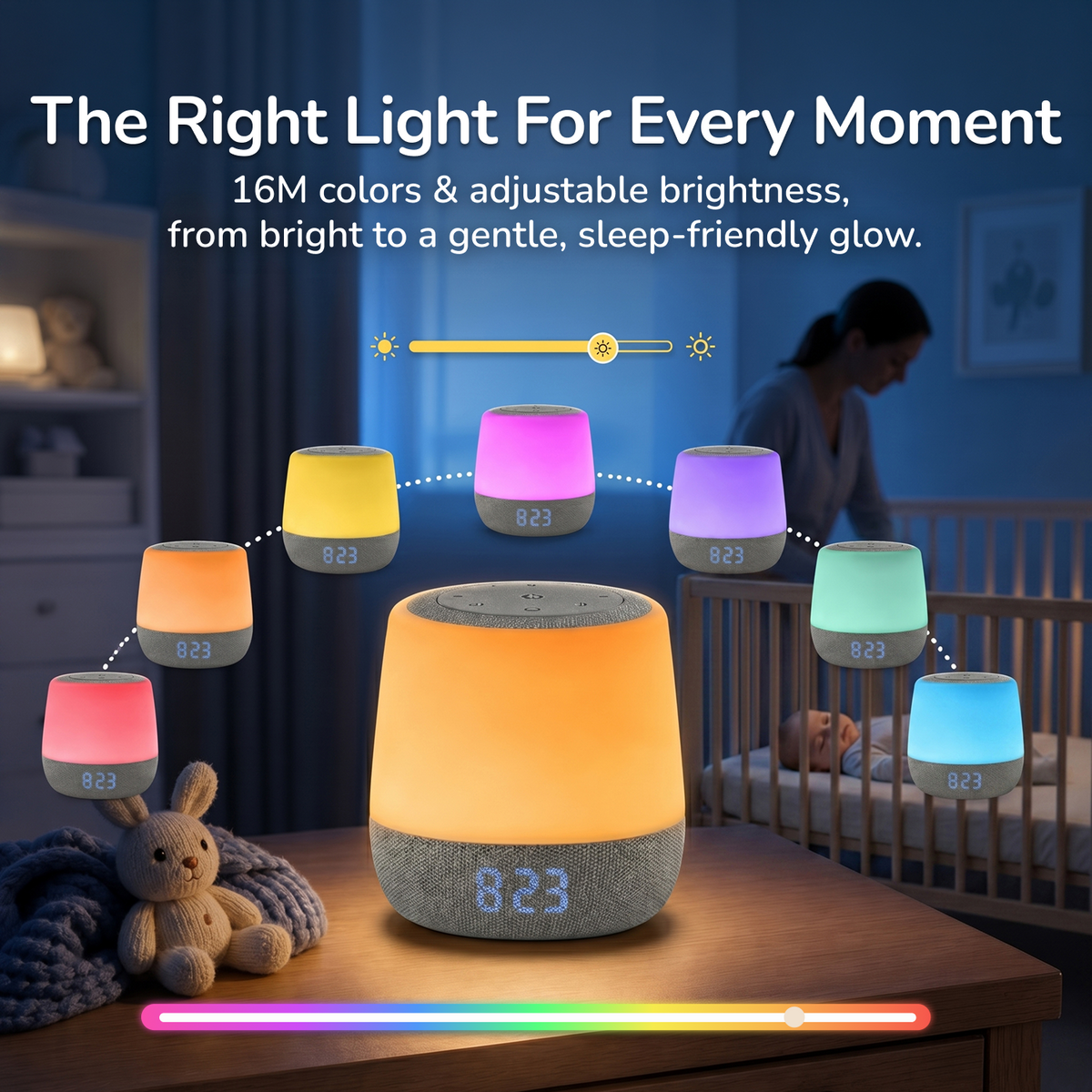 A smart speaker lamp in a nursery setting, glowing with warm light on a wooden table, with floating color options and text highlighting 16M colors and adjustable brightness. A woman is seen in the background near a crib.