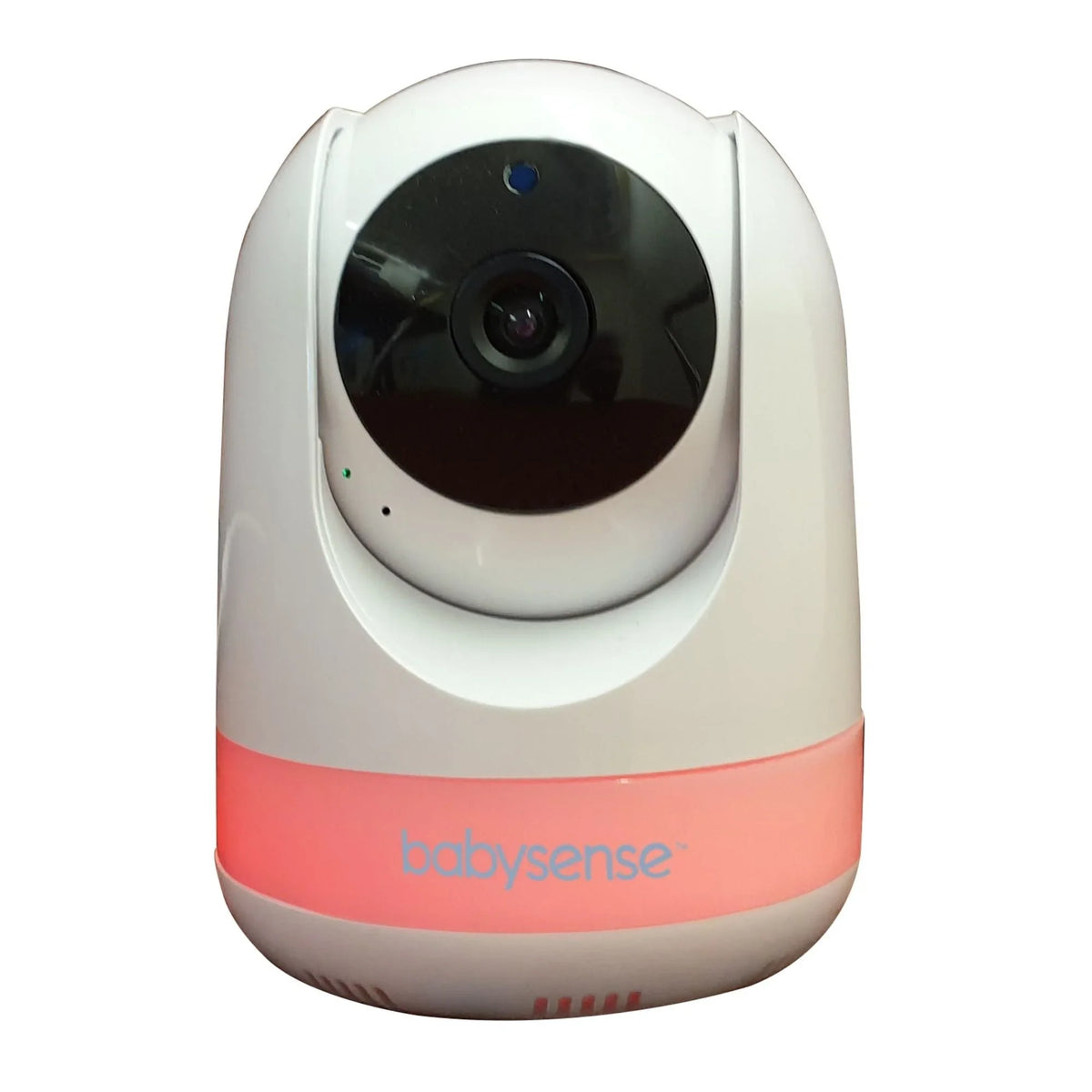 A white Babysense Add-On Camera for Video Baby Monitor MaxviewPRO/Babysense PRO, featuring a dark circular lens with a blue indicator light at the top and a small green light to the left of the lens, resting on a base that glows soft red with the "babysense" logo in blue letters, emphasizing it as a baby wireless hd camera