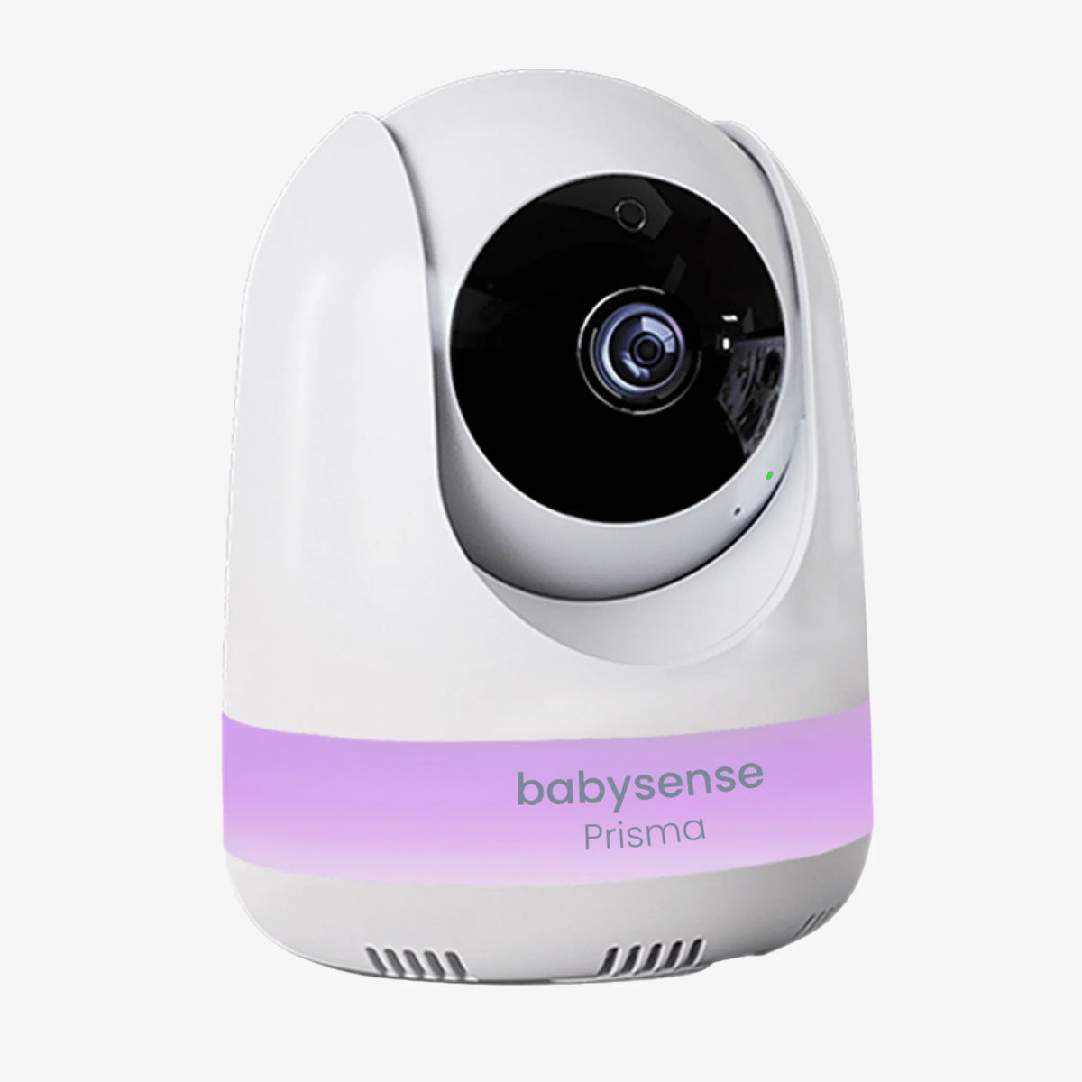 A white Add-On Camera for Video Baby Monitor Prisma by Babysense with a black camera lens and a purple light band displaying "babysense Prisma," viewed from a slight angle, highlights its sleek design as a baby wireless hd camera