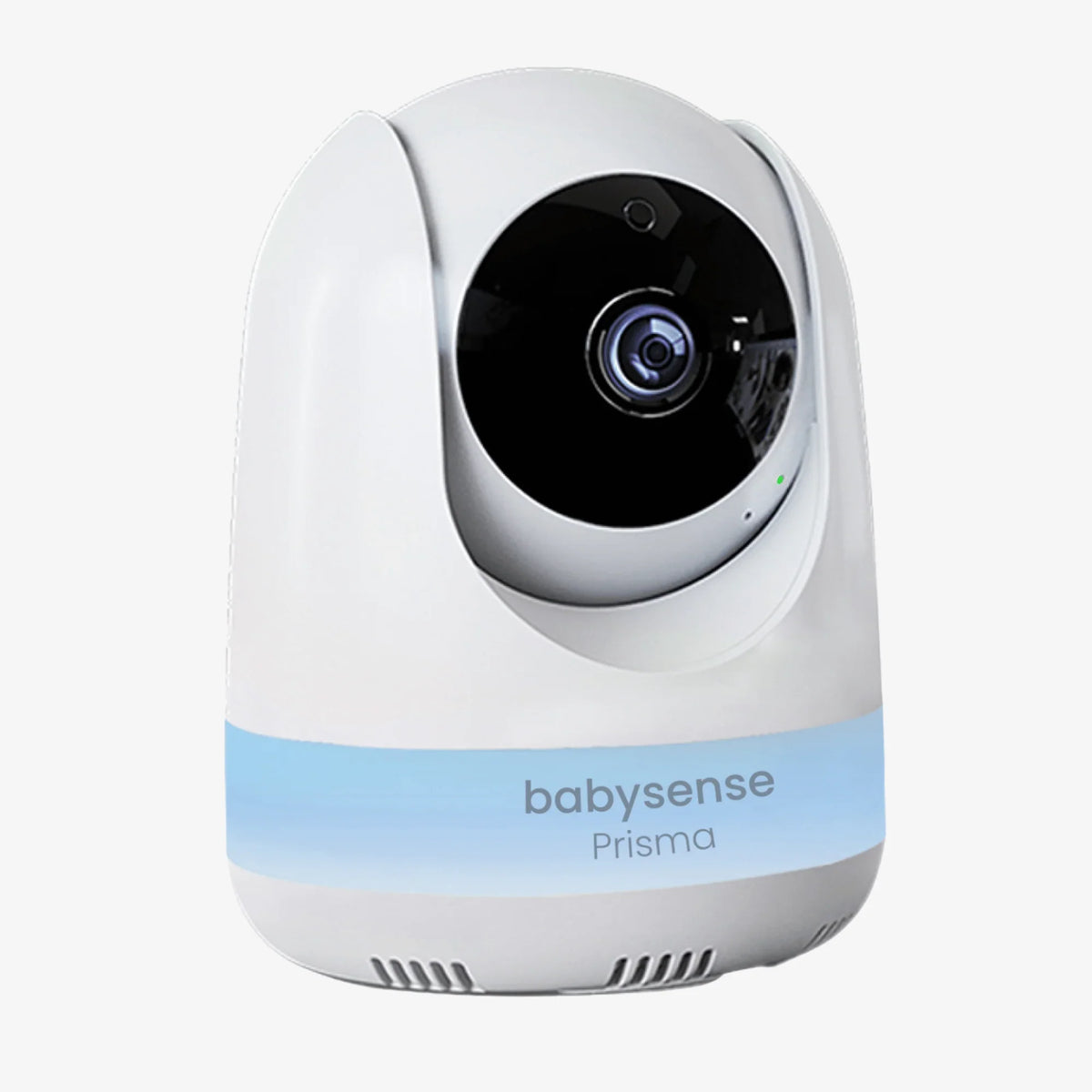 The Babysense Prisma add-on baby wireless hd camera features a white casing with a black camera lens and a subtle blue light band with "babysense Prisma" text on it