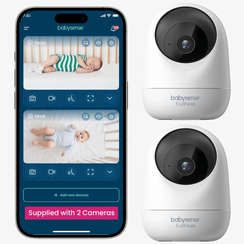 Two white Babysense FullPeek baby wireless hd cameras are shown next to a smartphone displaying images of two different babies, Sean and Mark, sleeping in their cribs through the app