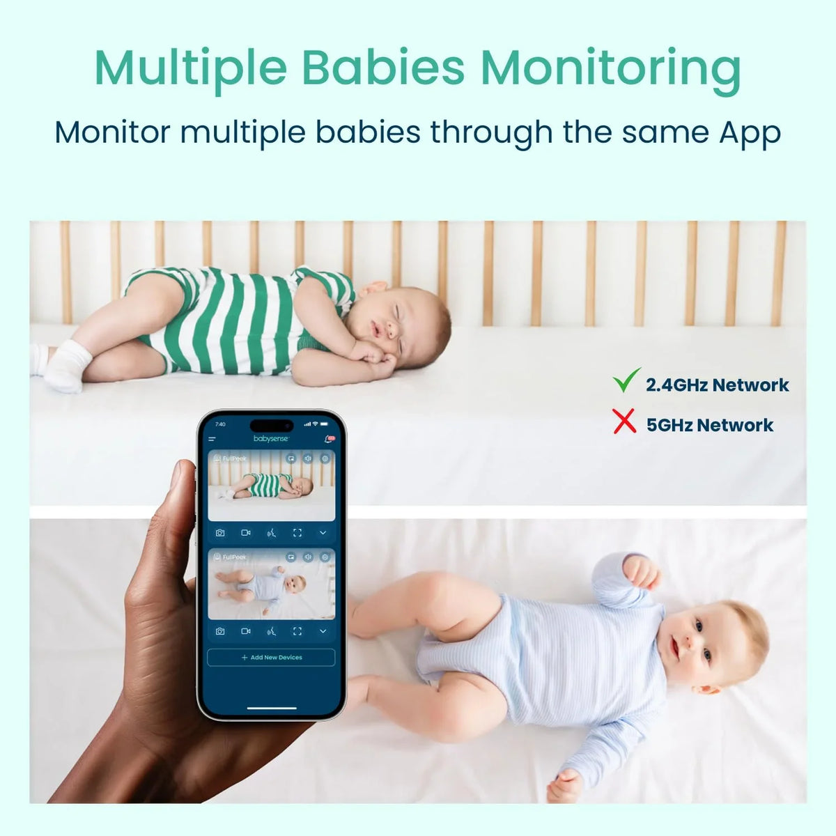 A babysense 2Peek video baby monitor displays clear feeds of a sleeping baby in a crib and another baby on a white sheet, via a 2.4GHz network