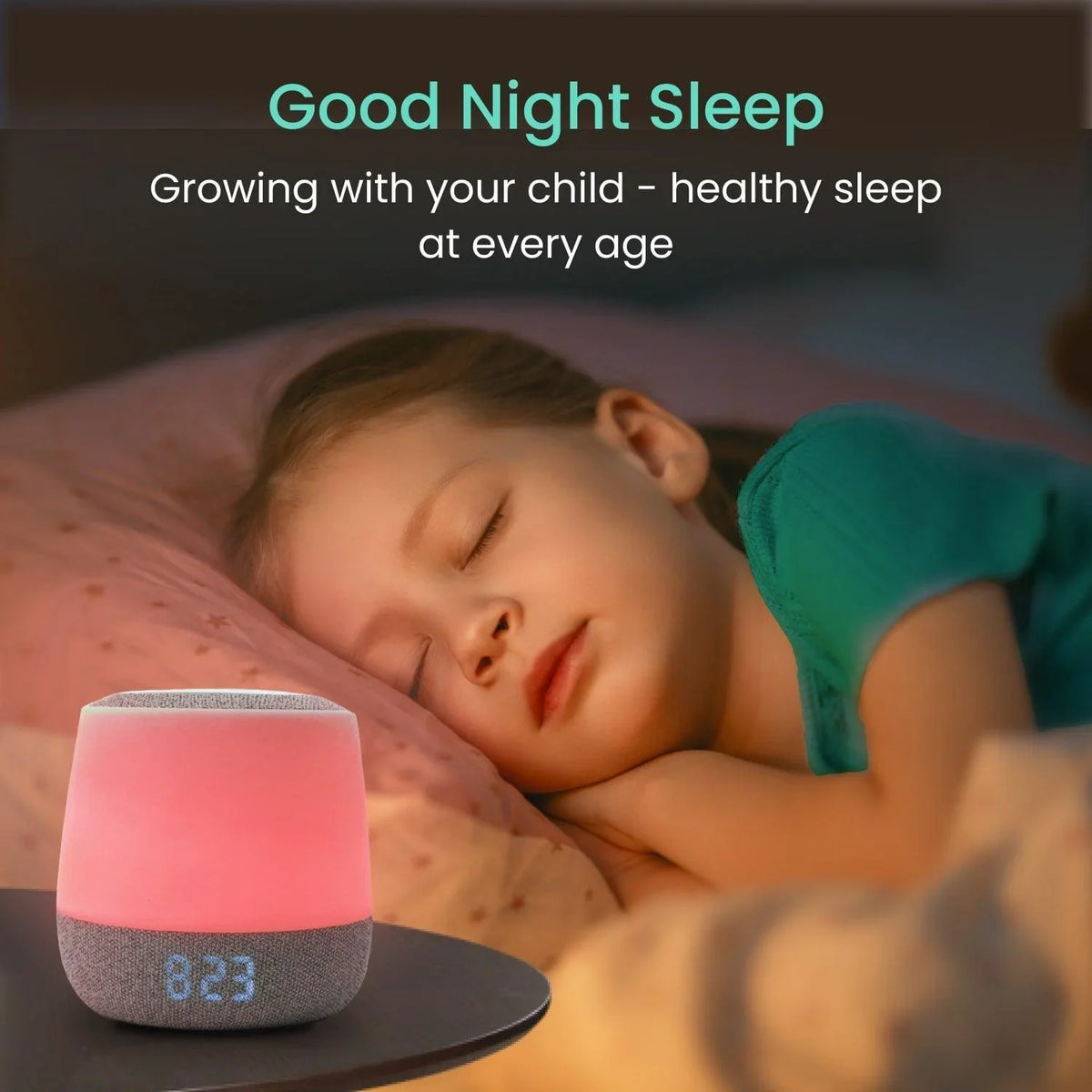 A child sleeps soundly next to a Babysense 3-in-1 Smart Baby White Noise Sound and Light Machine, illuminating the bedside table with gentle red light as part of a complete video baby monitor system