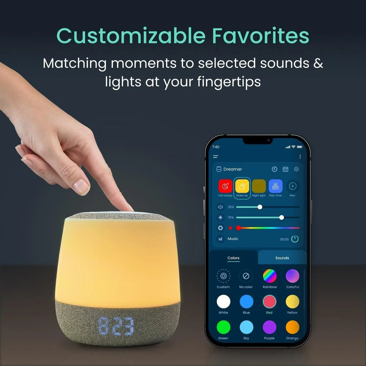 A person's hand touches a Babysense smart baby white noise sound and light machine, glowing warm yellow, as a smartphone displays its controls for music, colors, and sounds