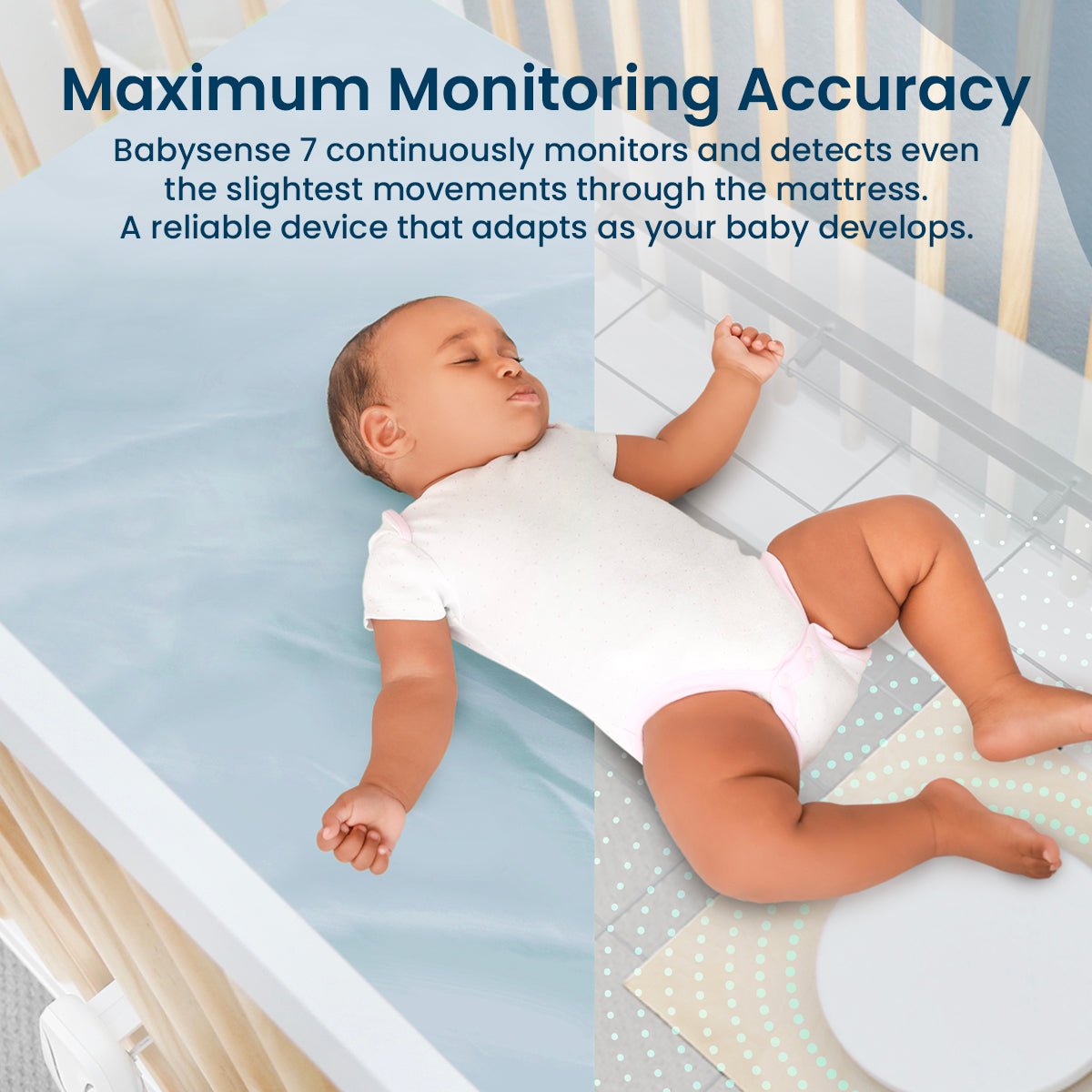A sleeping baby lies on a light blue sheet, with an overlay revealing Babysense 7's monitoring pads detecting movements, offering a reliable baby monitor