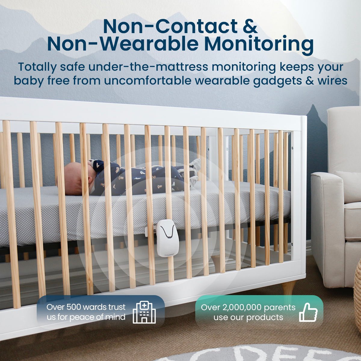 A white Babysense HOME 2-in-1 Monitoring Set sensor is clipped to a white crib with a newborn baby sleeping inside, providing non-contact monitoring with a long range baby monitor no wifi