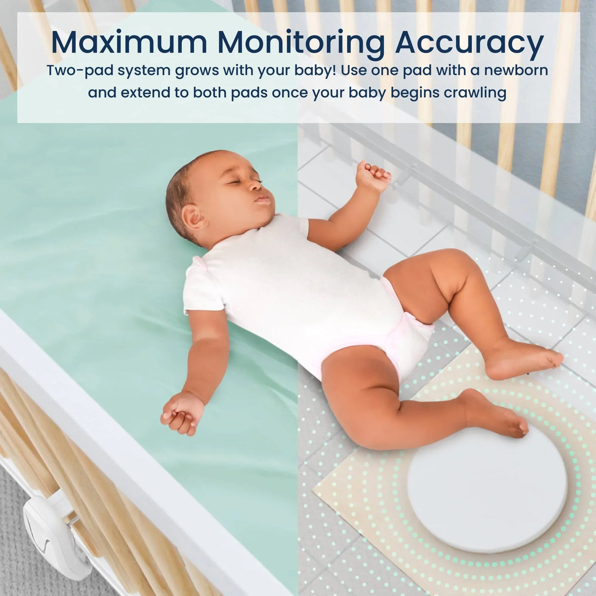 A sleeping baby lies on a split crib mattress with one half showing a solid green sheet and the other exhibiting a patterned sheet with a Babysense Connect Sleep Monitor pad highlighted by green rings