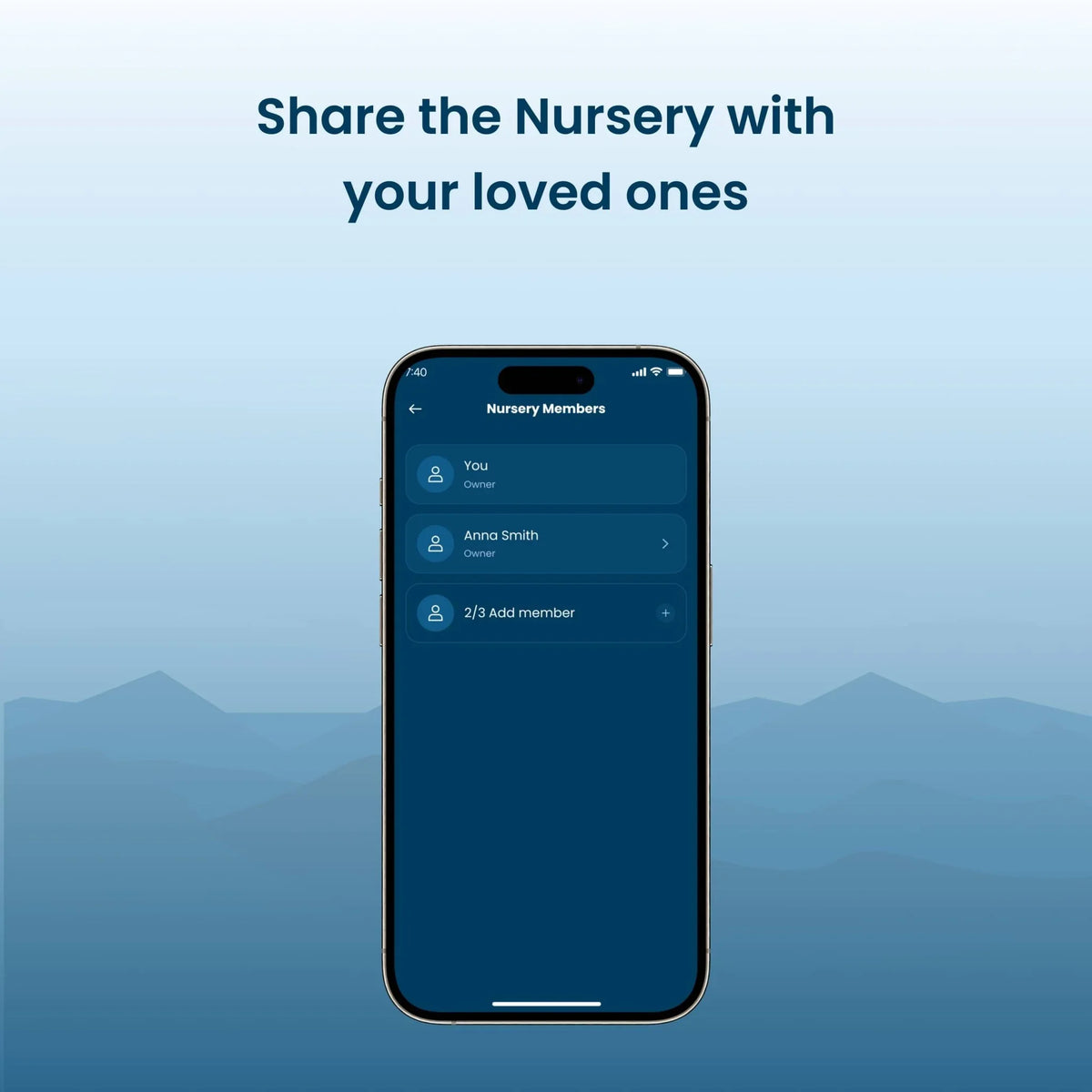 A smartphone displays the Babysense Connect app interface for "Nursery Members", showing how an hd video baby monitor can be shared with loved ones