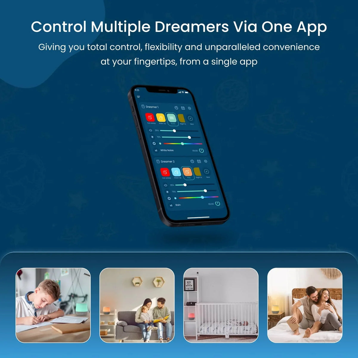 A smartphone displays the Babysense Dreamer 2.0 app with settings for two Dreamers, while four scenarios show the baby sleep monitor in use, including a boy studying, a couple with a child, a nursery, and a couple in bed