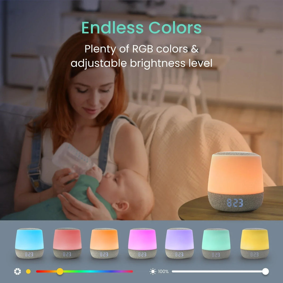 A young woman feeds a baby in a dim room while a multicolored baby sound machine with light illuminates the table next to them, showcasing its vibrant color options and brightness levels at the bottom of the image