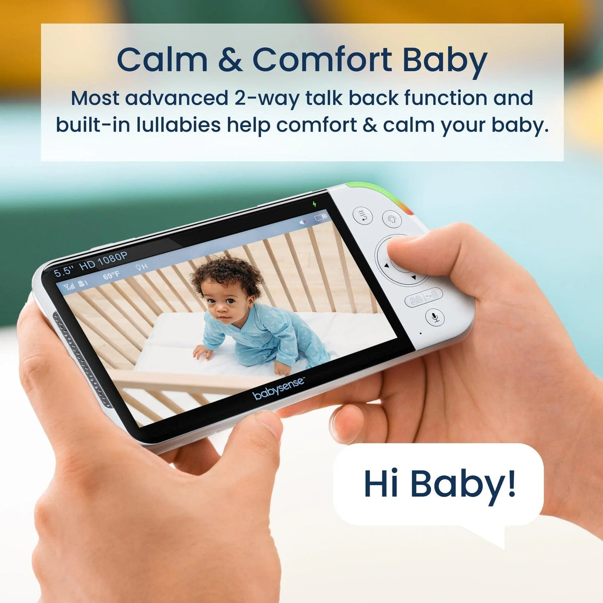 A parent holds a white Babysense Dreamer 2.0 & Pro baby sleep monitor showing a live 1080P HD feed of a baby in a crib, highlighting its easy-to-use controls and two-way talk back function