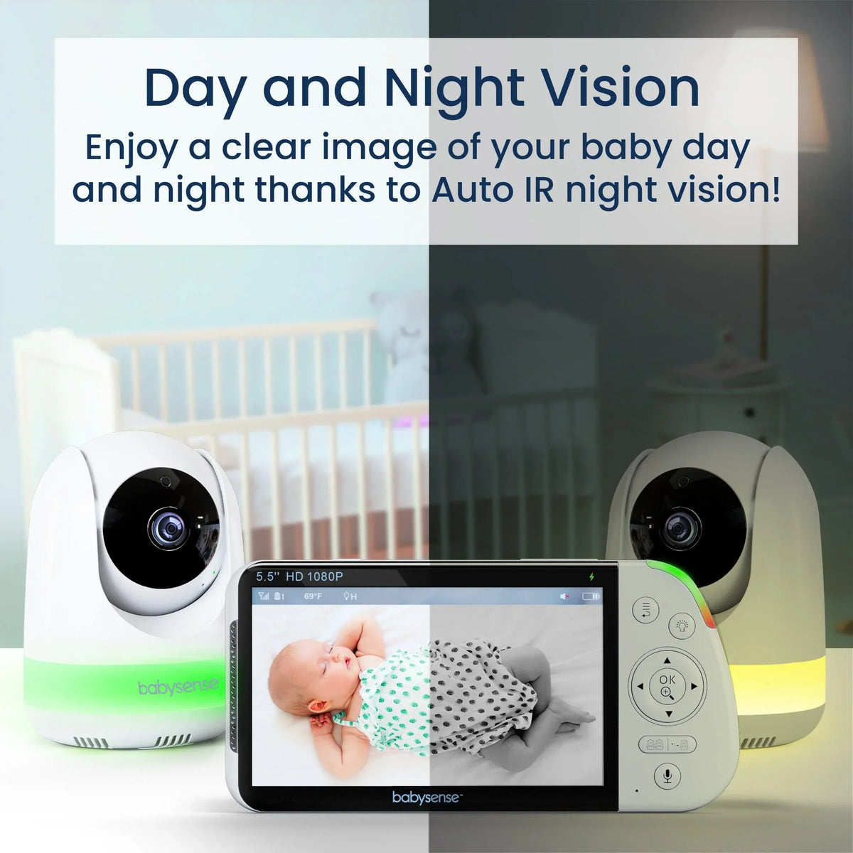 A Babysense Dreamer 2.0 & Pro complete baby sleep monitor shows a clear day and night vision image of a baby in its crib from a baby wireless HD camera, displaying on a 5.5" screen